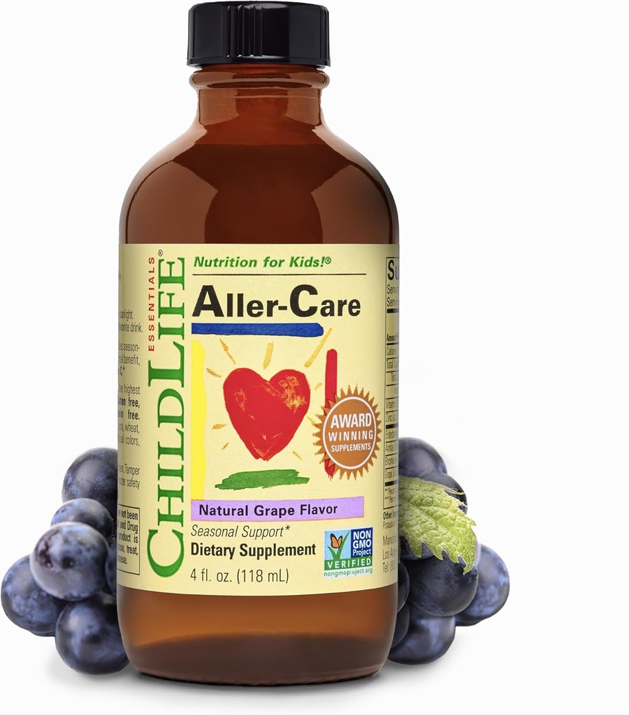 CHILDLIFE ESSENTIALS Aller-Care - Alivio de la uva natural para niños pequeños, Soporte estacional con aderberry, bromelaina, vitamina C - Immune Boosting Formula, 4 Fl Oz