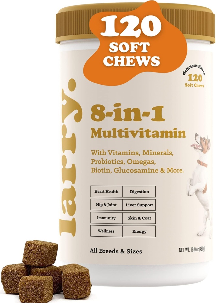 Larry 8-in-1 Dog Multivitamin Glucosamine Chondroitin 120 Count | Made in USA, Daily Dog Supplements, All Breeds Sizes