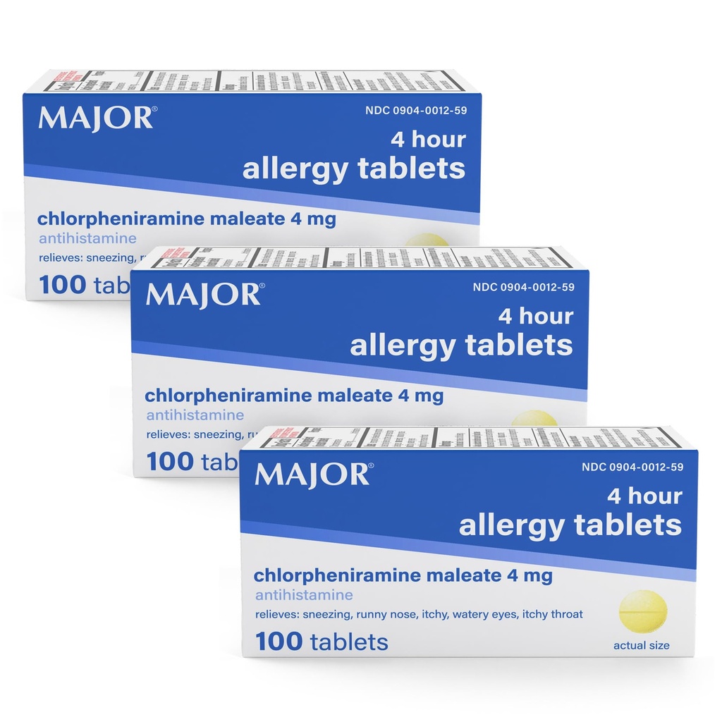 MAJOR 4 Mg Allergy Tablets - Chlorpheniramine Maleate 4-Hour Alergy Medicine - Antihistamine for Relief of Sneezing, Itchy Watery Eyes, Itchy Throat, and Runny Nose - 100 Count (3 Pack)