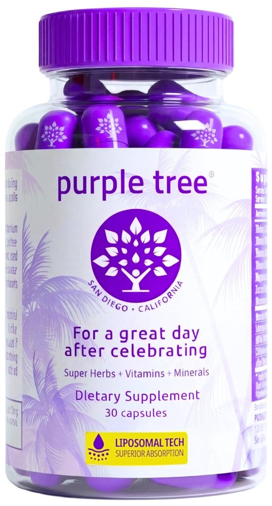árbol púrpura Pos-Celebración Wellness Vitaminas ← Soporte para el hígado, Hidratación rápida, Replenishador del cuerpo ← Dihydromyricetin DHM, Milk Thistle, Electrolytes, Vitamina B, Willow Bark, Quercetina (30 Píldoras)