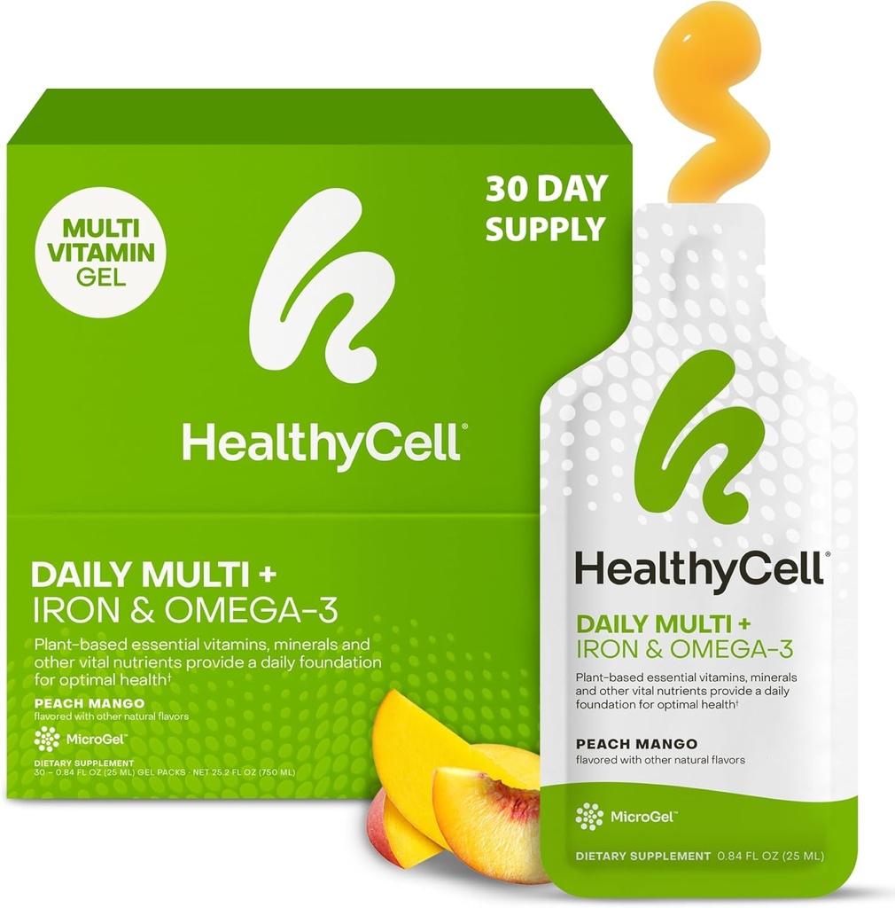 Healthycell Vegan Suplemento líquido multivitamínico diario con hierro y Omega-3, 25+ Vitaminas esenciales, minerales " Nutrientes para la salud del cerebro " , soporte inmunológico " Energía - 30 paquetes de gel