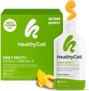 Healthycell Vegan Suplemento líquido multivitamínico diario con hierro y Omega-3, 25+ Vitaminas esenciales, minerales " Nutrientes para la salud del cerebro " , soporte inmunológico " Energía - 30 paquetes de gel