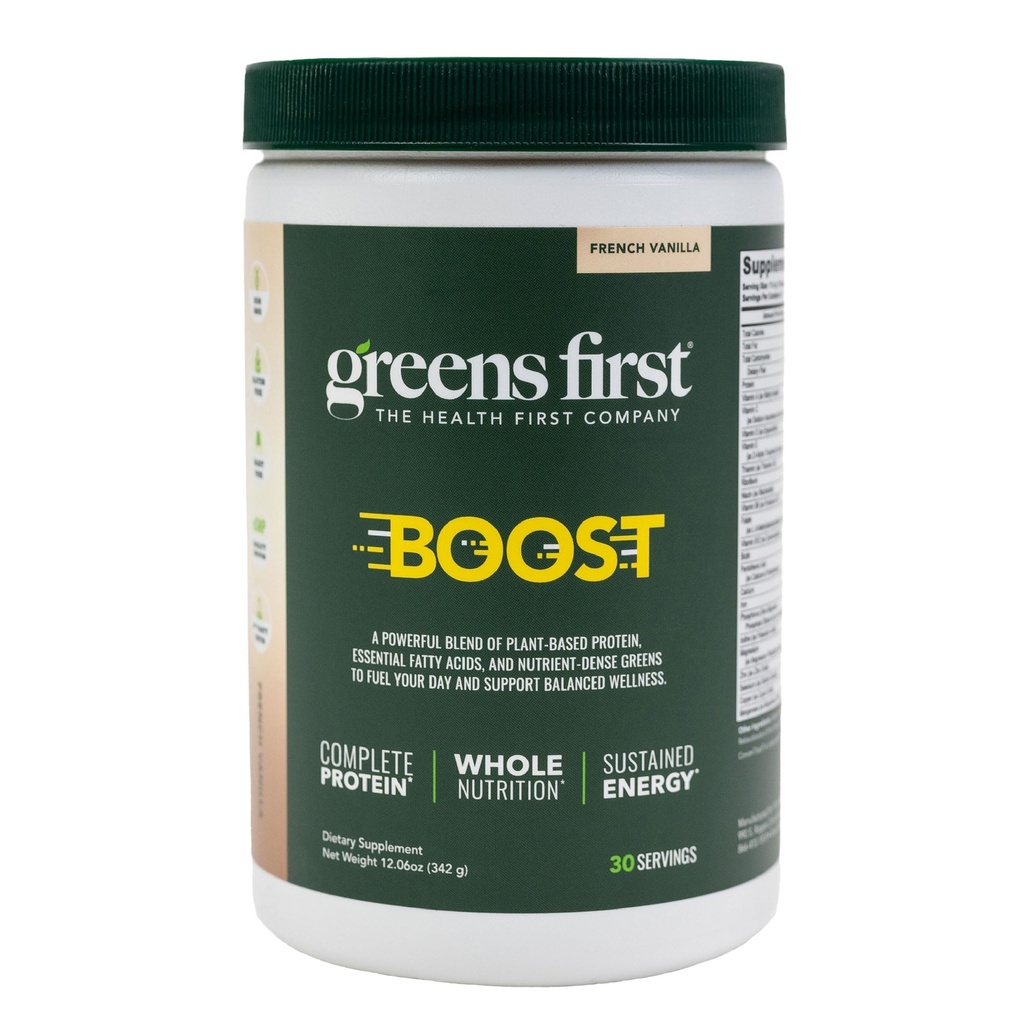 Greens First Boost - Proteína de base vegetal y nutrición equilibrada - Superfood Shake Mix - Sin trigo o soy - sin lácteos - Vegan - Vainilla francesa, 12.06 oz.