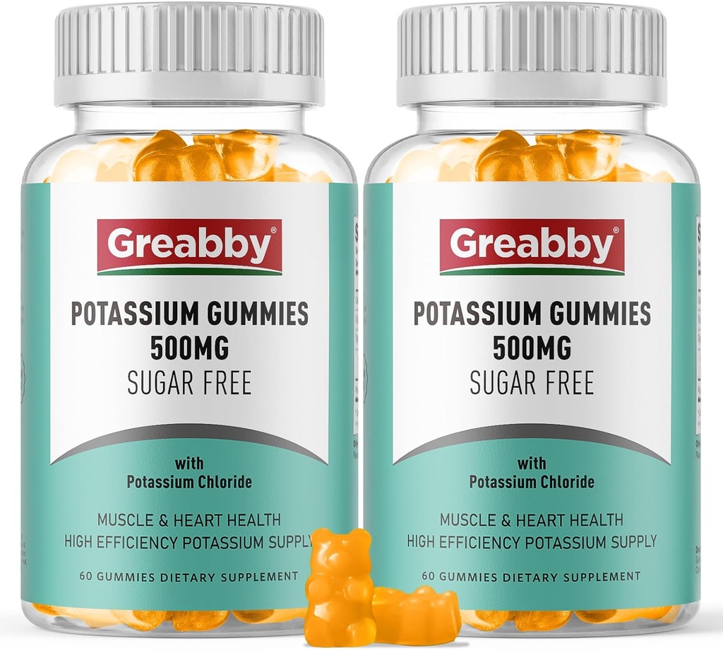 Gummies de potasio, cloruro de potasio 500 mg para adultos, suplemento de potasio libre de azúcar, alivio muscular y salud cardíaca para hombres, equilibrio de electrolitos, suministro de potasio eficiente, 120 servicios