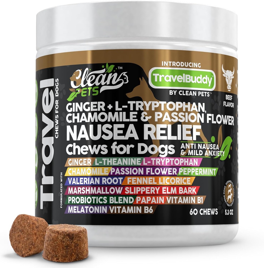 Chews de viaje Alivio de Nausea para Perros Chamomile Passion Flower L-Theanine Peppermint Valerian Root Fennel Licorice Root Marshmallow Root Slippery Elm Melatonin Chew