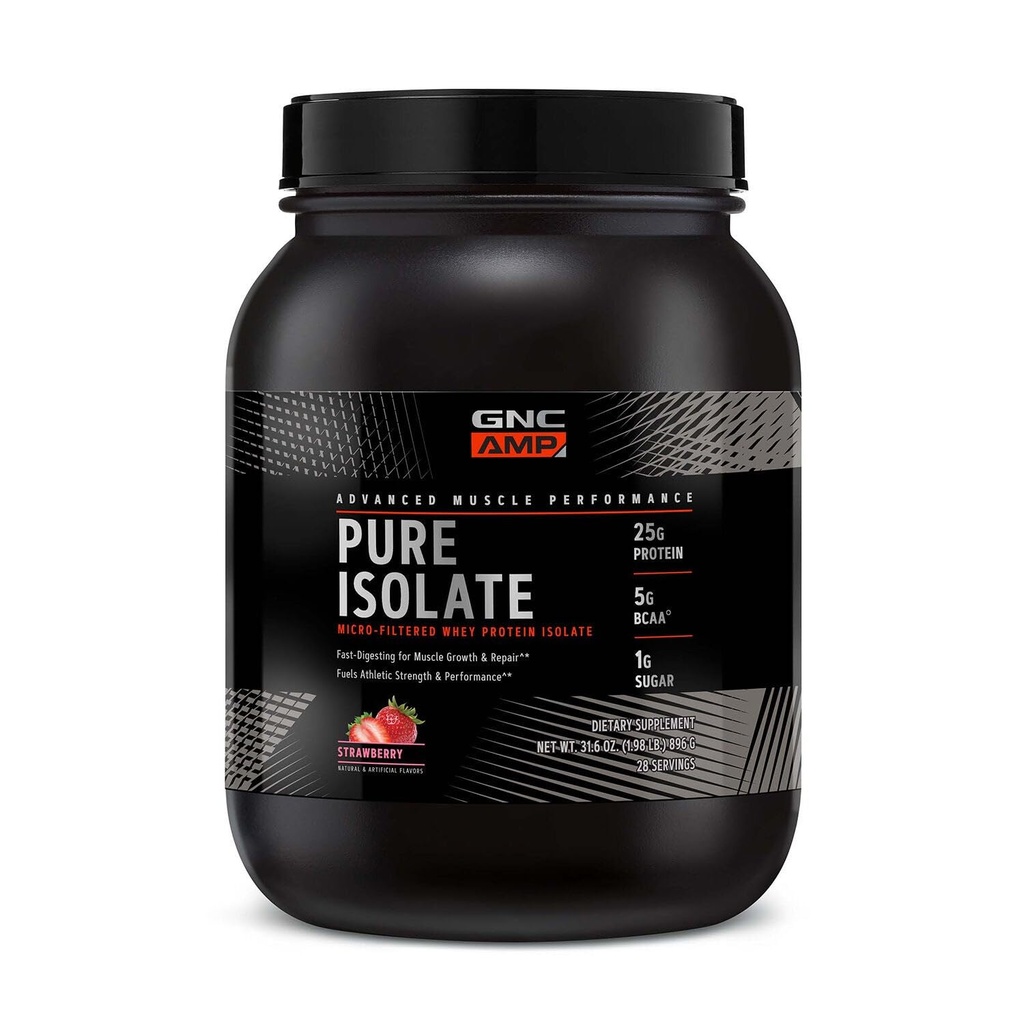 GNC AMP Pure Isolate Whey Protein Powder, Muscle Growth, Recovery, Performance, 25g Protein, 5g BCAA, 1g Sugar, 130 Calories o Menos, 3er Partido Tested, Gluten Free, Strawberry, 28 SVG