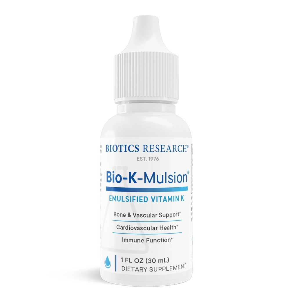 Biotics Research Bio K Mulsion Liquid Vitamin K Drops - 500 mcg/S - Vitamina K1 phytonadione para adultos - Suplemento VIT K - Huesos fuertes, Salud cardíaca, Sangre Clotting Support, 1 fl oz