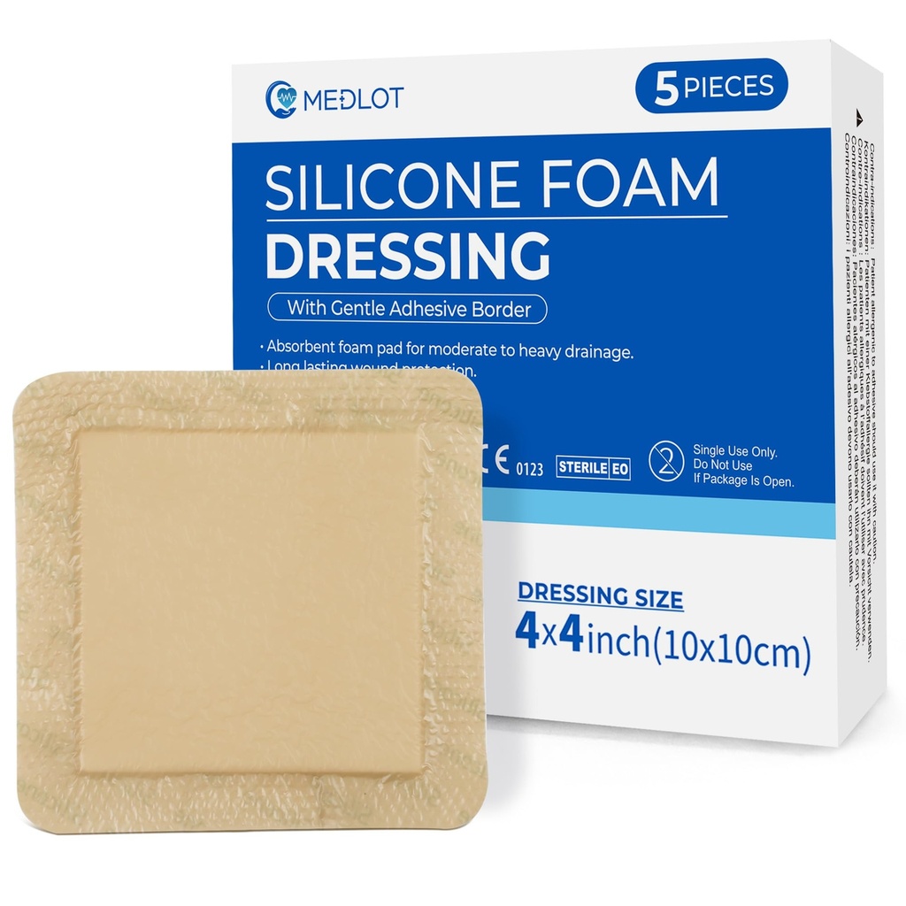 LotFancy Silicio Foam Dressing, 4"x 4" (2.5 "x2.5" Pad), 5 Conde, Sterile Fronterizo Adhesivo Dressing, Cama Sores, Leg Ulcers Wound Care Bandage, Highly Absorbent, Waterproof