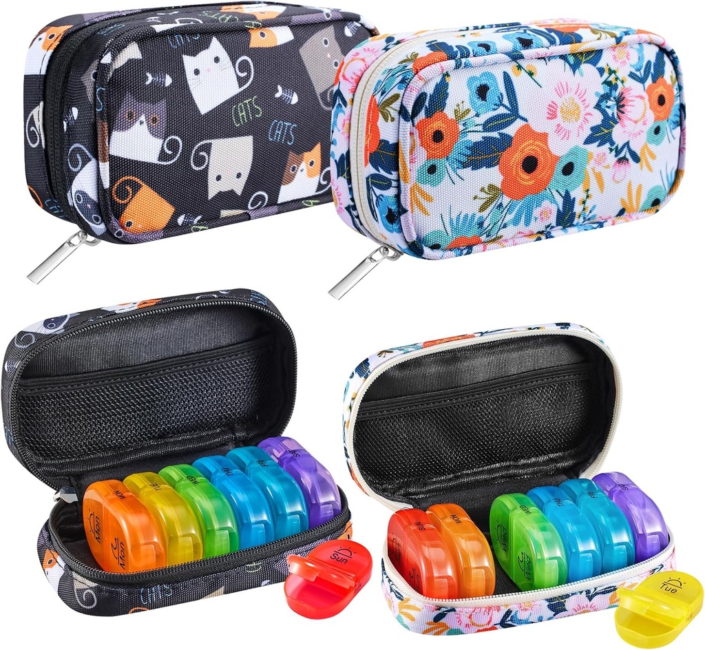 Serfeymi Organizador semanal de píldoras de viaje 2 veces al día AM Lápiz de arco iris 7 día con el caso de la píldora del cántaro, organizador de medicina para píldoras, vitaminas, aceites de pescado - Negro 02 + Bloom 01
