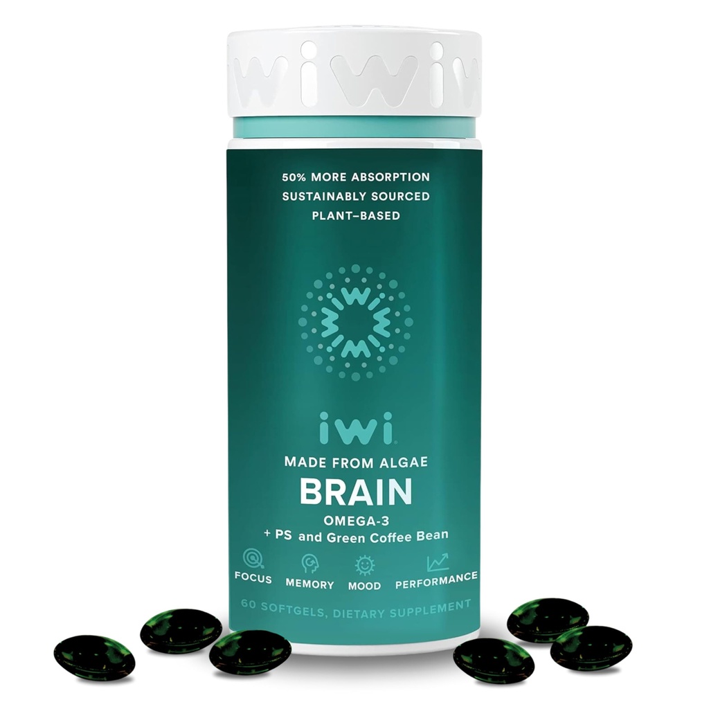 Iwi Life Brain Omega-3, 60 Softgels (30 Servings), Vegan Plant-Based Algae Omega-3 con EPA + DHA, Focus, Memory and Mood Support Suplemento dietético, Krill " Fish Oil Alternative, No Fishy Aftertaste
