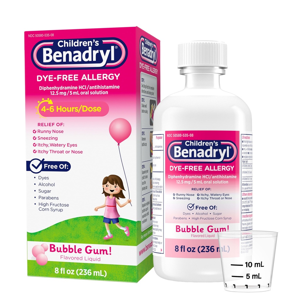 Benadryl Children’s Dye-Free Alergy Relief Liquid, Allergy Medicine for Kids, 12,5 mg Diphenhydramine HCl Antihistamine, Alivia Runny Nose &amp; Sneezing, Paraben-Free, Bubble Gum Flavor, 8 fl.