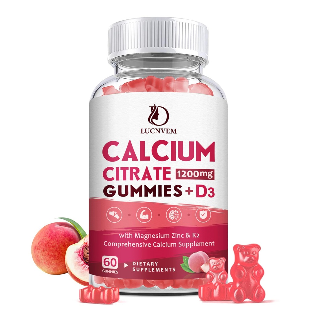 Calcio Citrato 1200 mg con vitamina D3 Gummies, Calcio Gummies con vitamina D3 para Hombres, Cal Magnesio Zinc para Musculo Hueso Saludable- Natural Blanco Peach Flavor- 30 Day Supply