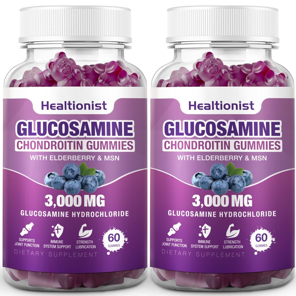 2 Packs 3000mg Glucosamine Chondroitin Gummies with MSM & Elderberry - Extra Strength Joint Health, Flexibility, Antioxidant Immune Support Supplement Gummy for Adults, Men &amp; Women 120 Cts