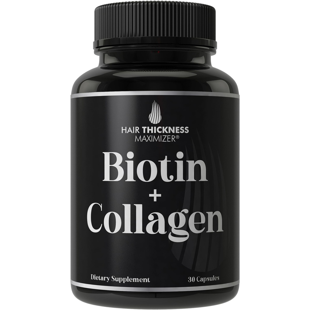 Suplemento de biotina y colágeno – 10,000mcg Biotina + Collagen de bovino para el cabello de la botella. Complejo avanzado de vitamina 2 en-1. Soportes Thicker, Crecimiento del cabello más saludable para mujeres, hombres