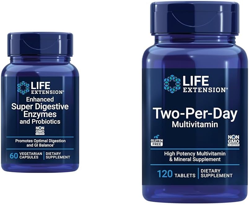 Extensión de vida 60 cápsulas vegetarianas enzimas digestivos & 120 Tablet High Potency Multi-Vitamin Suplemento Bundle