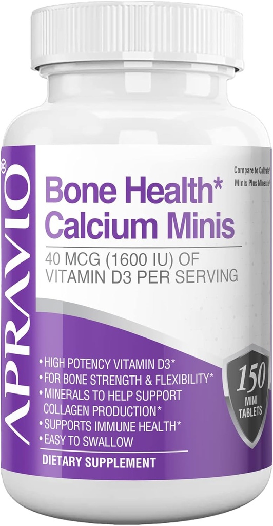 Bono Sanidad Calcio Minis Tabletas, Suplementos de Calcio w / Vitamin D3, Magnesio, Zinc, Cobre, Manganeso, Minerales para ayudar a apoyar la fuerza ósea, producción de colágeno, salud inmune, 150ct