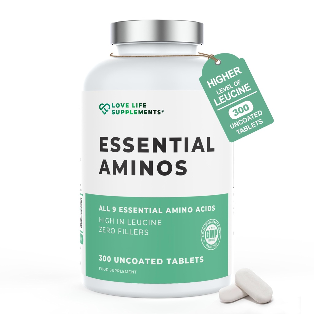 Aminoácidos esenciales - 300 Tablas fáciles de absorber / 60 Serviciones - Los 9 Aminoácidos EAA con los 3 BCAA's Plus 6 Más EAAs para construir y reparar musculo, 5-10g por ser, Alto en Leucine y Vegan