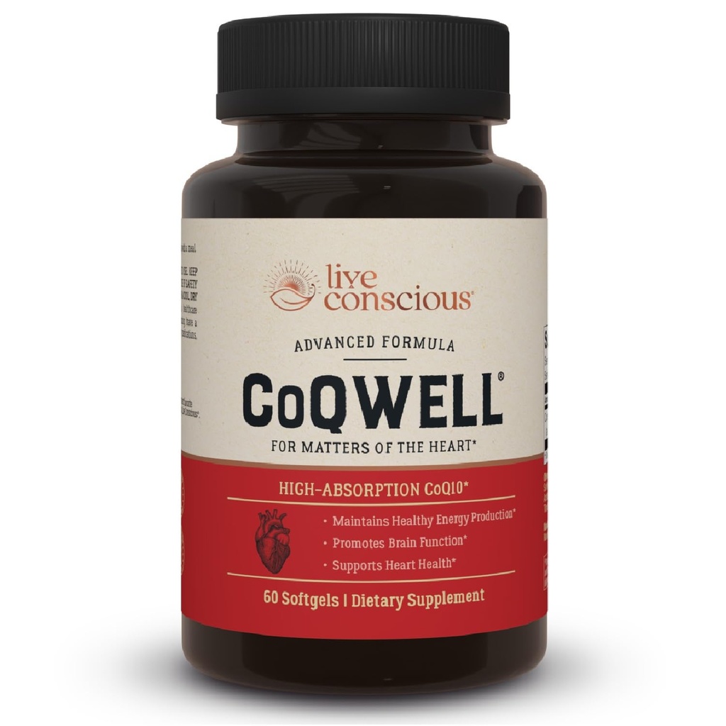 CoQWell consciente en vivo - CoQ10 Heart, Brain, and Vascular Health Support, Coenzyme Q10 Ubiquinone - 60 Softgels - 60 Day Supply