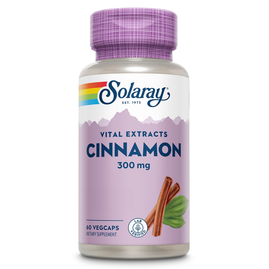 SOLARAY Extracto de canela 300mg - Suplementos de canela para Balance - Soporte herbal con 24mg Flavonoids - Lab Verificado, Gluten Gratis, Garantía de 60 días - 60 Servimientos, 60 VegCaps