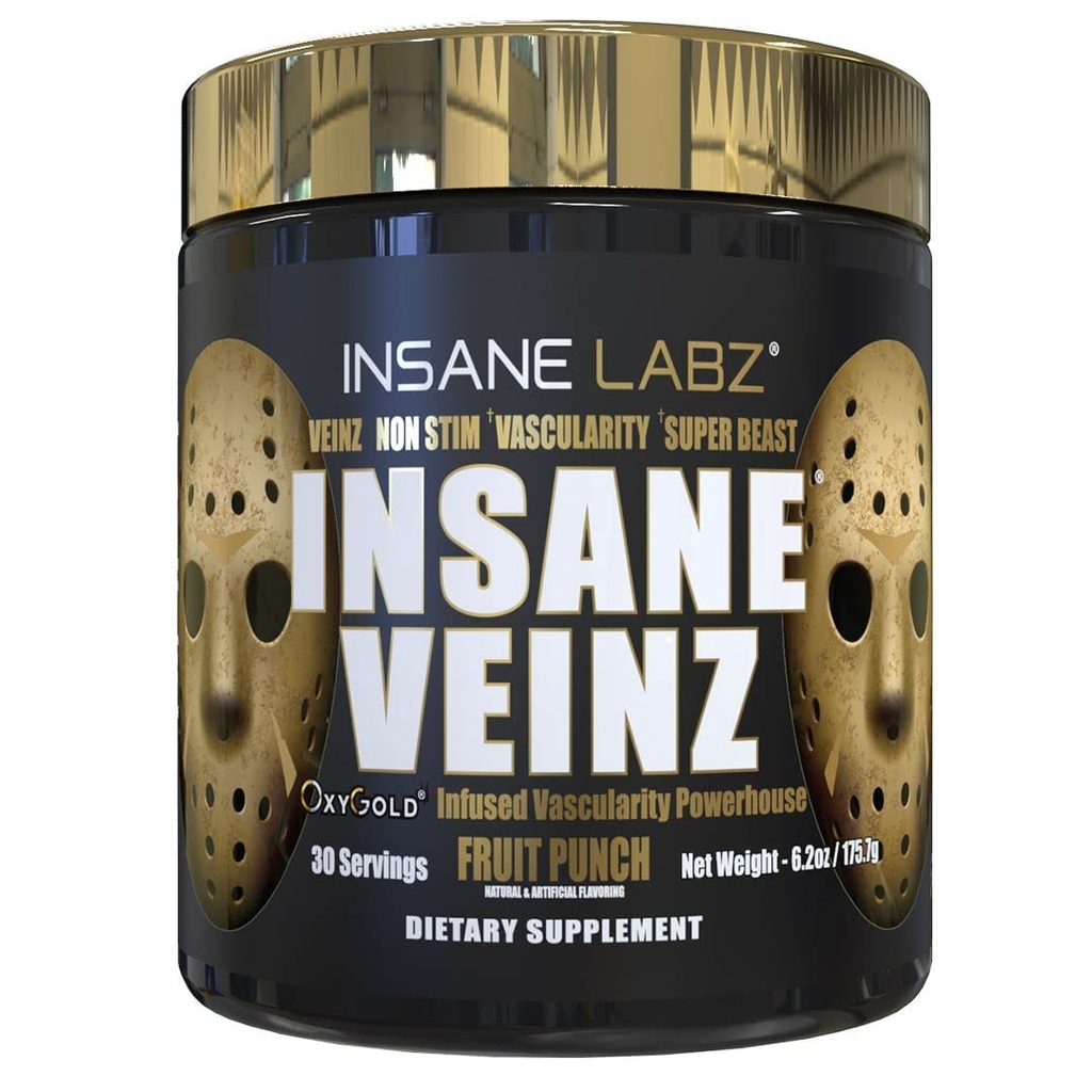 Insane Labz Insane Veinz Gold, Nitric Oxide Non Stimulant pre Workout Powder, cargado con Hydromax, Nitrosigine, aumenta la vascularidad y el flujo de sangre, 30 Srvgs, Fruit Punch