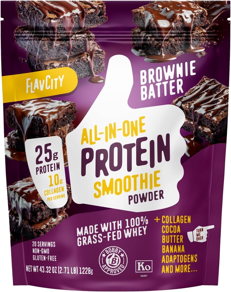 FlavCity Grass Fed Whey Chocolate Protein Powder - Brownie Batter - 25g Protein & 10g Collagen - Hecho con Cocoa orgánico & Leche de coco - Gluten Gratis & No Añadido Azúcares (20 Servings)
