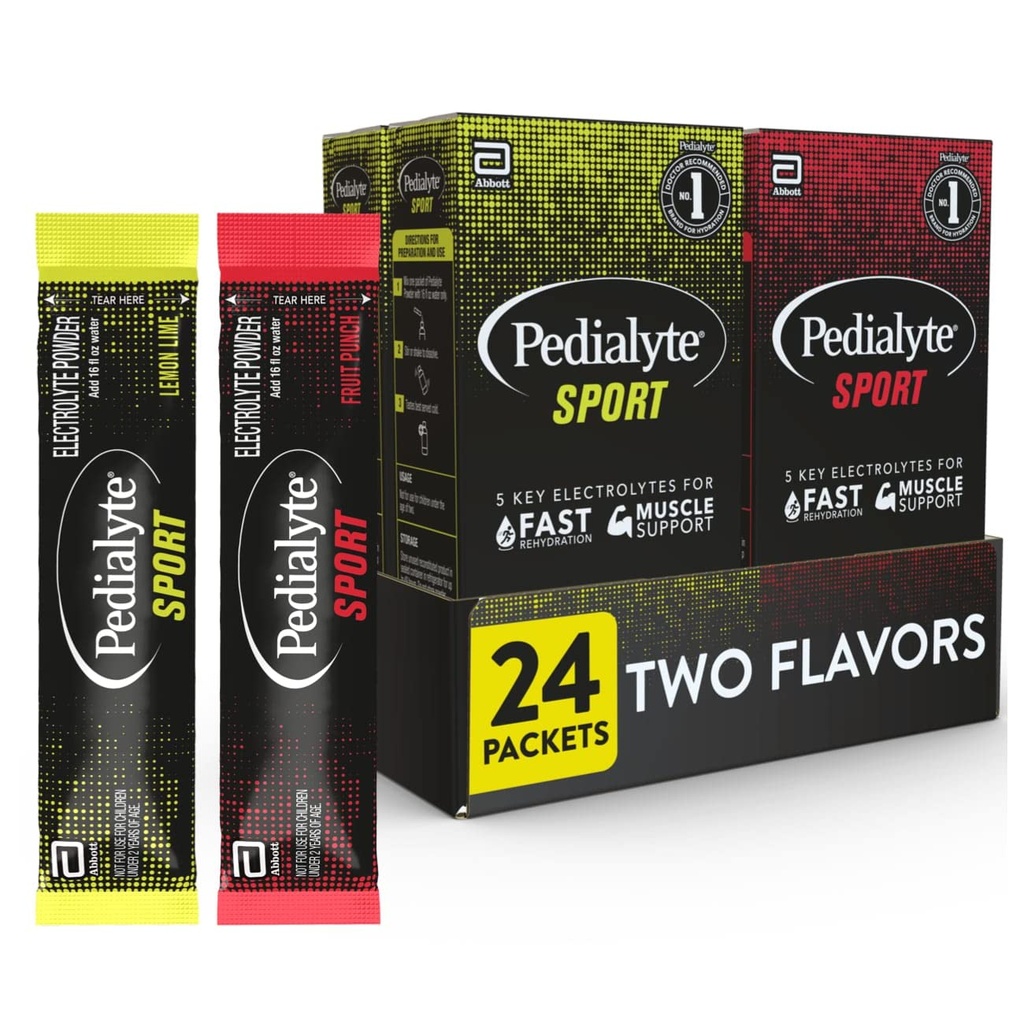Pedialyte Sport Electrolyte Powder, Fast Hydration with 5 Key Electrolytes for Muscle Support Antes, Durante, " After Exercise, 12 Lemon Lime " 12 Fruit Punch, 0.49-oz Packets (24 Count)