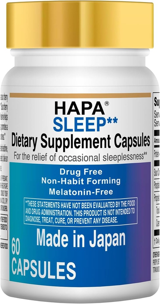 HAPA Japón Melatonina Suplemento gratuito de Ayuda para el sueño,Phosphatidylserine, Coenzyme Q10, Adultos,60 cápsulas, 30 días de suministro