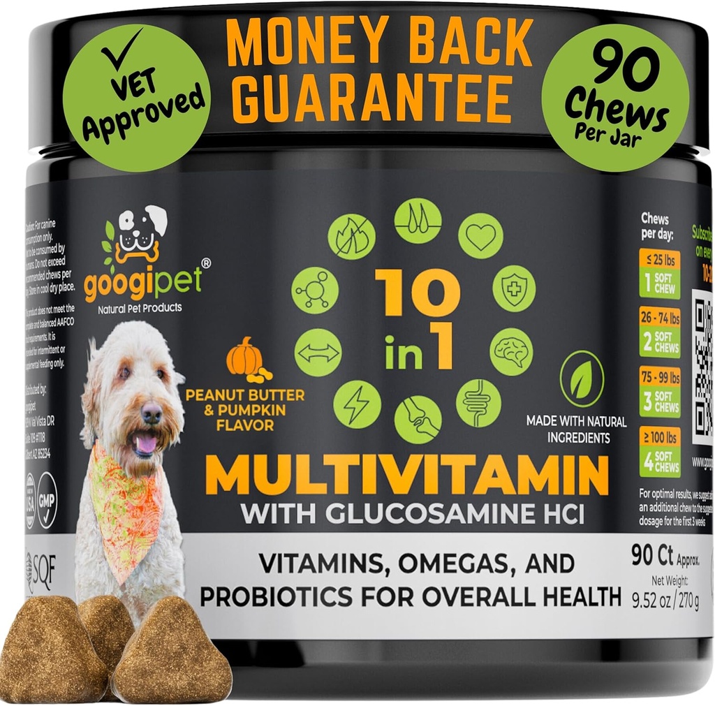Googipet Premium 10 en 1 Vitaminas para perros Multivitamínico Agrietado con Probióticos para Gut Health, Vitaminas y Suplementos para perros w/Vitamin C & Glucosamina para Soporte Conjunto (Peanut Butter & Pumpkin Flavor)