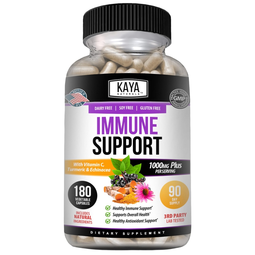Kaya Naturals Elderberry Immune Support with Zinc and Vitamin C for Adults, Probiotics & Turmeric 1000mg Immune System Booster Sambucus Elderberry Capsules - 180 Condes