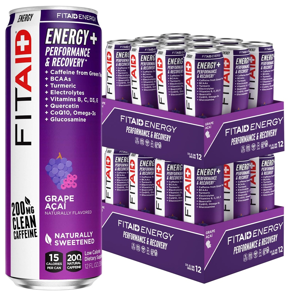 LIFEAID FITAID Energy Grape AÇAI, 200mg Natural Caffeine, Keto, Pre-Workout Performance: BCAAs, Quercetin, Electrolytes, Omega-3s, 15 Calories, Paleo, Vegan &amp; Gluten-Free,12-oz (Pack of 24)