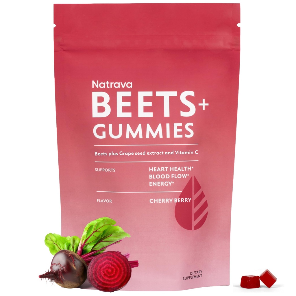 Beets+ Gummies - Pólvora de remolacha Premium, Extracto de semillas de uva y vitamina C - Soporta la presión sanguínea saludable y la salud cardíaca - Bajo óxido nitrico de azúcar y circulo Suplemento - 50 Gummies