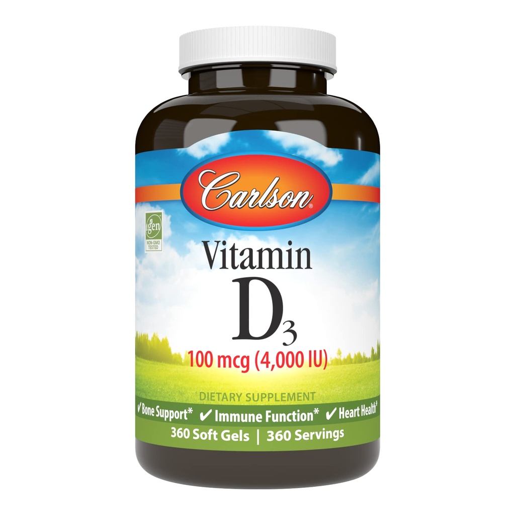 Carlson - Vitamina D3 4000 UI (100 mcg), Immune Support, Bone Health, Muscle Health, Cholecalciferol, Vitamina D Suplementos, Vitamina D3 Soft Gels, 360 Softgels