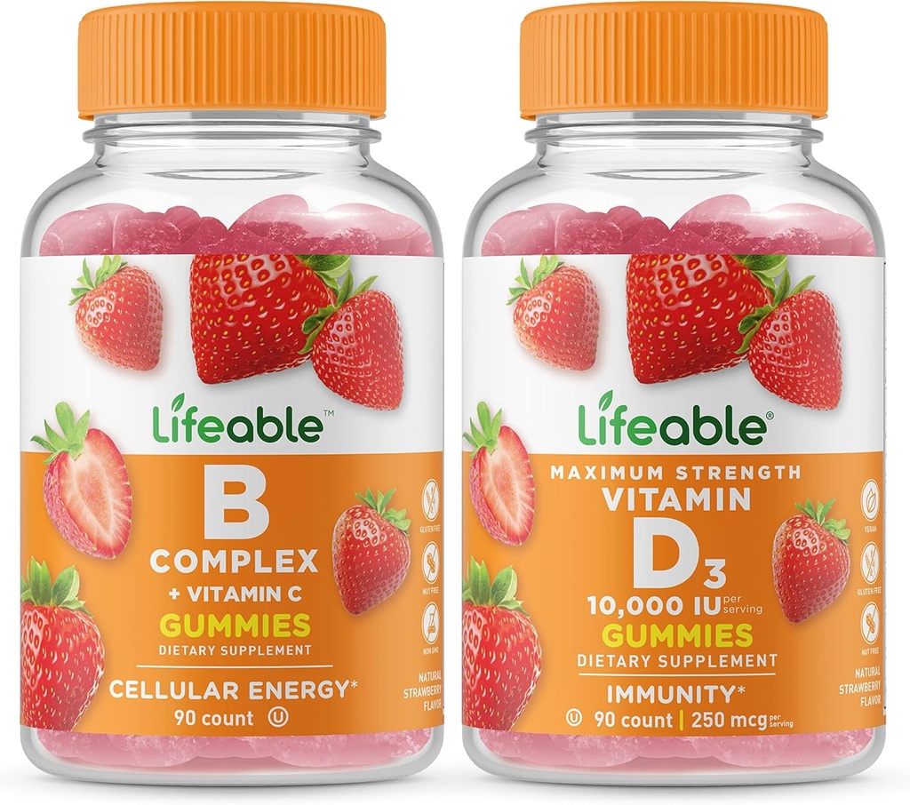 Complejo Lifeable B + Vitamina D 10000 UI, Gummies Bundle - Great Tasting, Vitamin Supplement, Gluten Free, GMO Libre, Chewable