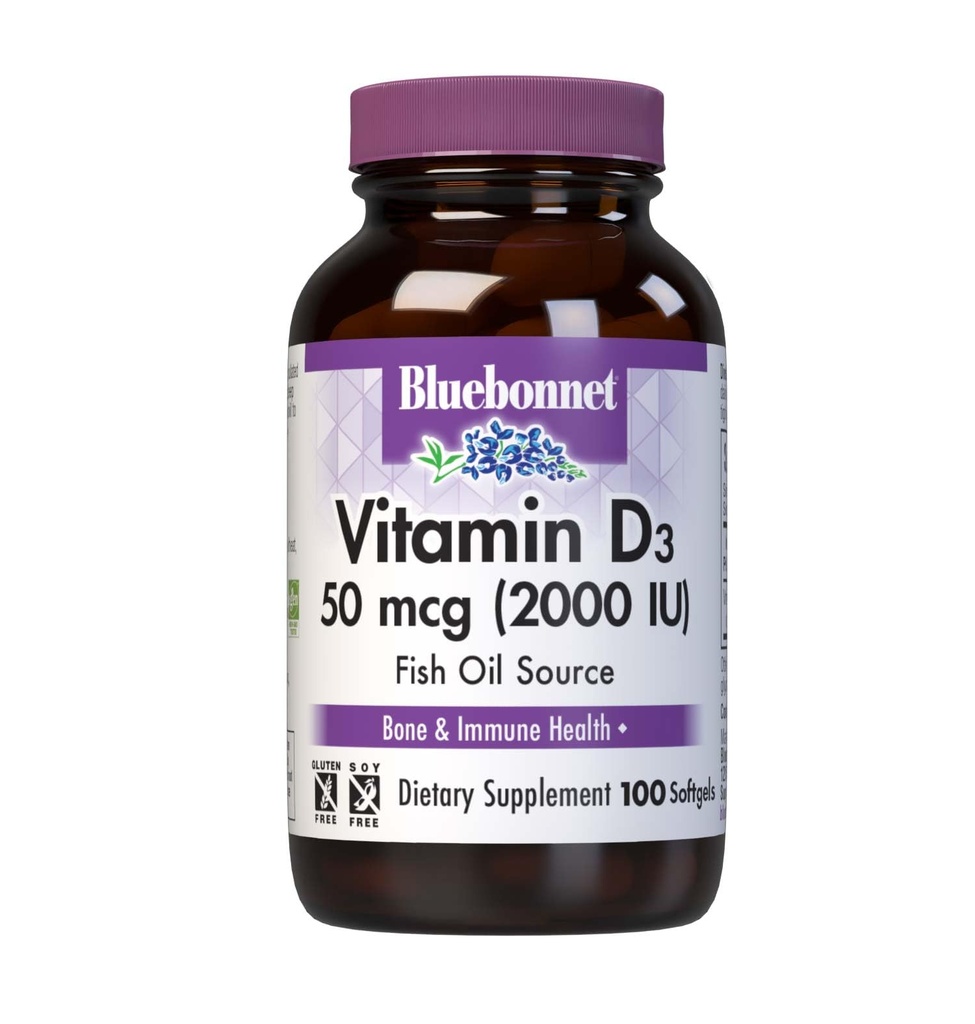 Bluebonnet Vitamina D3 2000 UI Capsules vegetales, 100 Cuentas (Pack of 1)