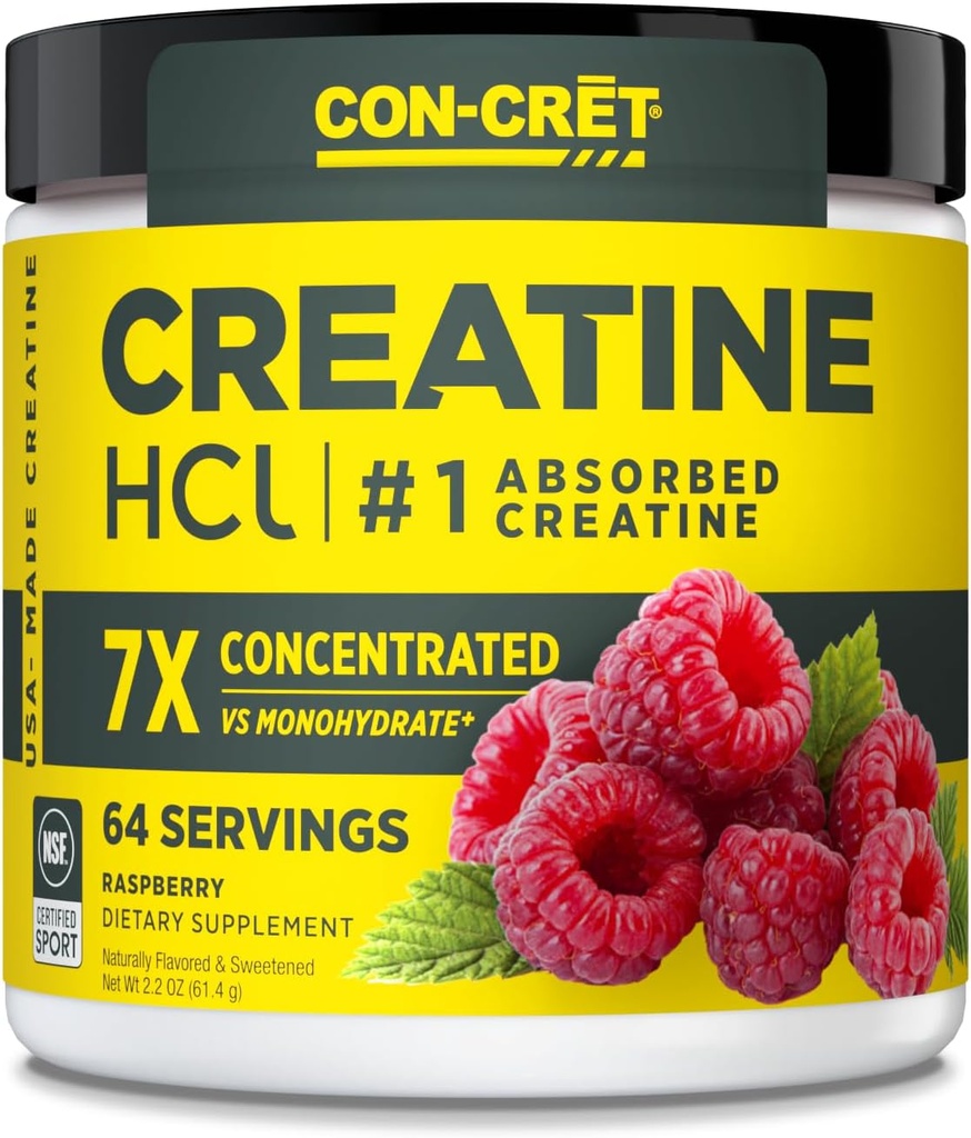 CON-CRET Creatine HCl Powder ← Muscle, Cognitive, Cellular Energy Support Silencio No Bloating or Cramps  USA Made & NSF Certified ← Raspberry (64 Serving)
