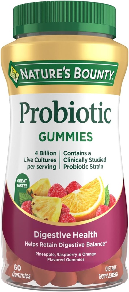 Gaviotas Probióticas Bounty, Salud Inmune & Equilibrio Digestivo, Piña, Raspberry y Orange Flavor Gummies, 60 Ct