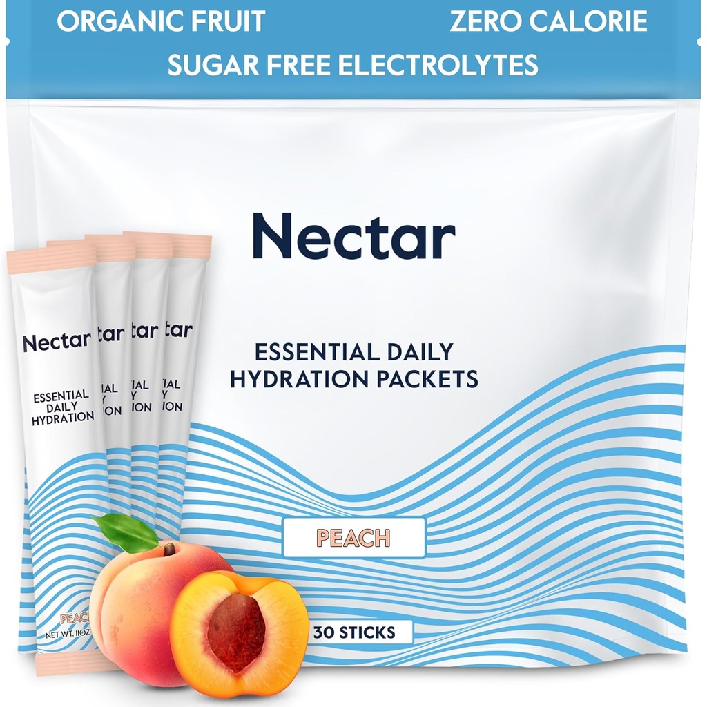Embalajes de hidratación Nectar - Electrolitos Embalajes de polvo - Sugar Gratis > 0 Calorie - Fruto orgánico Líquido diario IV Hidrata para Alivio de Dehidratación & Rehidratación Rápida (Peach 30 Pack)
