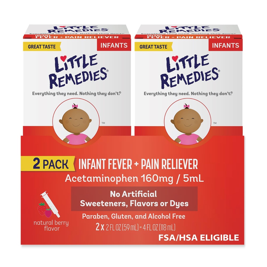 Remedios Pequeños Fiebre infantil &amp; Dolor, Sabor de Berry natural, 2 Fl Oz (Pack of 2)