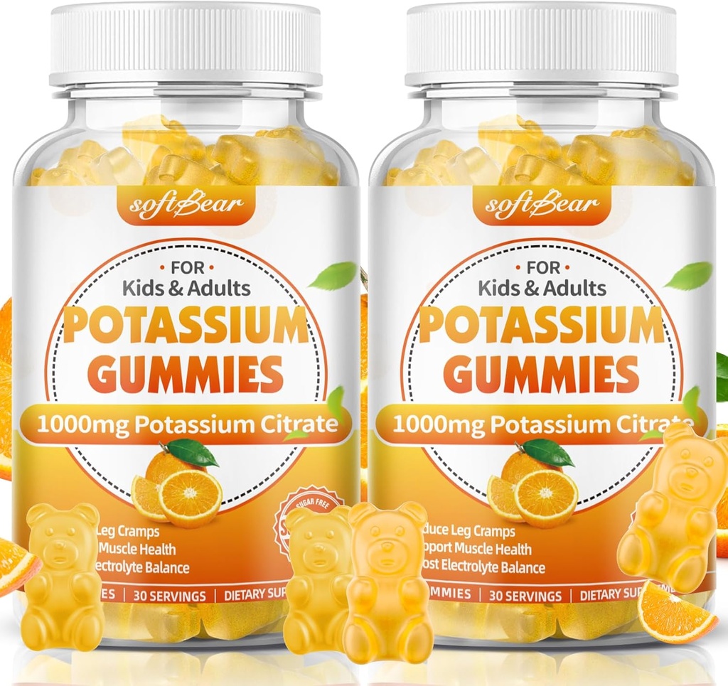 softbear Potasio Citrato 1000mg, Azúcar Gummies de Potasio Libre para Adultos Soporte Leg Cramps &amp; Muscle Health High Potency Potassium Suplemento Gummies Orange Flavor 120 Conde