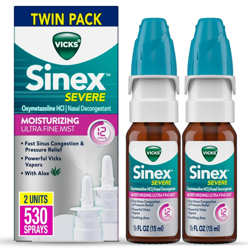Vicks Sinex Severe Nasal Spray, Moisturizing Ultra Fine Mist with Aloe, Decongestant Medicine, Relief from Stuffy Nose Debido a frío o alergia, Nasal Congestion & Sinus Pressure Relief, 265 Sprays x 2