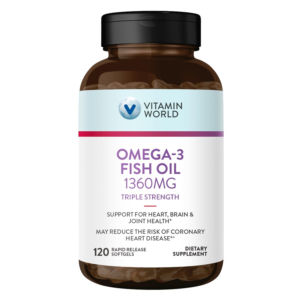 Vitamina World Triple Strength Omega 3 Fish Oil 1360 mg Suplemento, 950 mg Active Omega-3 Fatty Acids with EPA & DHA, Supports Heart, Brain & Joint Health, Gluten Free, 120 Softgels, 4 Months Supply