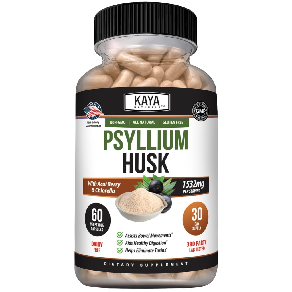 Kaya Naturals Psyllium Husk Capsules - 60 Conde peru High Fiber Suplemento Silencio Digestive Health & Regularity TEN Gluten-Free, Non-GMO