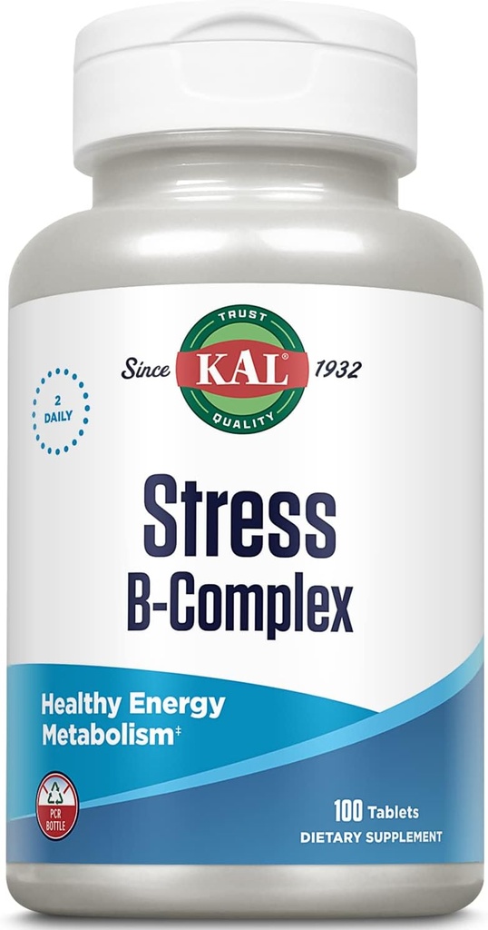 Complejo KAL Stress B Suplemento de vitaminas, Complejo de vitamina B para la energía, estrés, formación de células rojas de sangre y soporte inmunitario, con vitamina B12, B6 y ácido fólico, garantía de 60 días, 50 serv, 100 tabletas