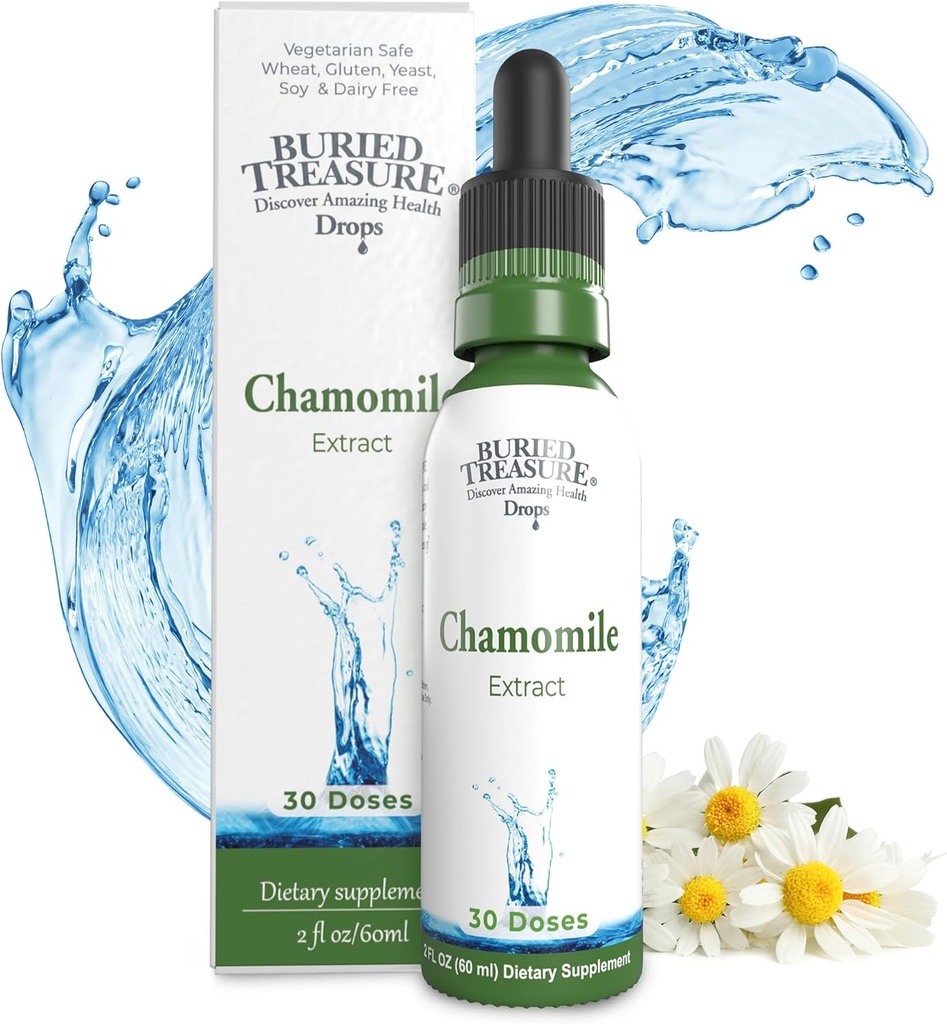 Caídas de manzanilla de tesoros enterrados – 30 Serviciones, 2oz, Suplemento de calma herbal líquido para el apoyo a la relajación, No azúcar Añadido