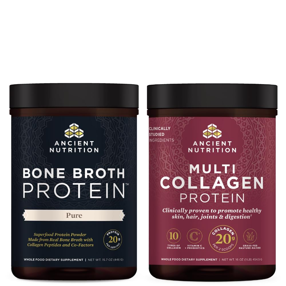 Antigua Nutrición Bono Broth Protein Powder, Puro, 20 Servimientos + Multi Collagen Protein Powder, Desarrollado, 45 Servimientos