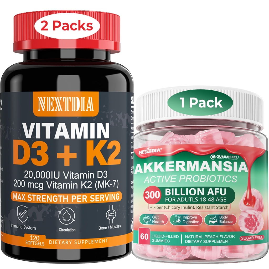 Vitamina D3 20.000 UI + K2(MK7) 200mcg Softgels + Akkermansia Probiotics Gummies with Prebiotics Fiber