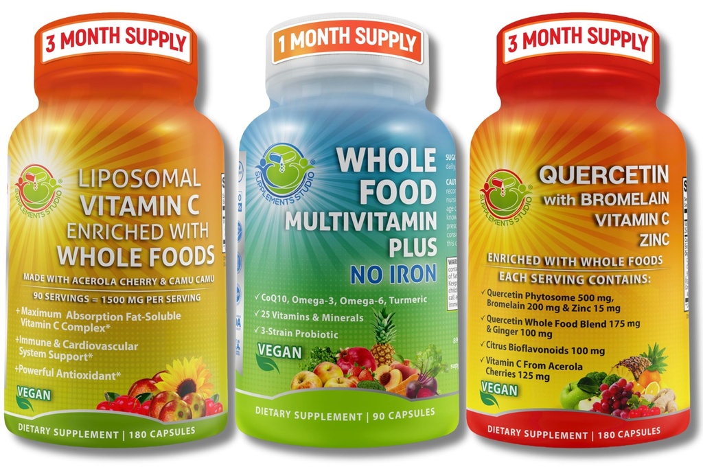 Vegan Immune & Antioxidant Support Bundle – Liposomal Vitamina C 1500mg con Acerola Orgánica &amp; Camu Camu + Quercetina 500mg con Bromelaina, Zinc &amp; Vitamina C + Vegan Whole Food Multivitamin Sin Hierro