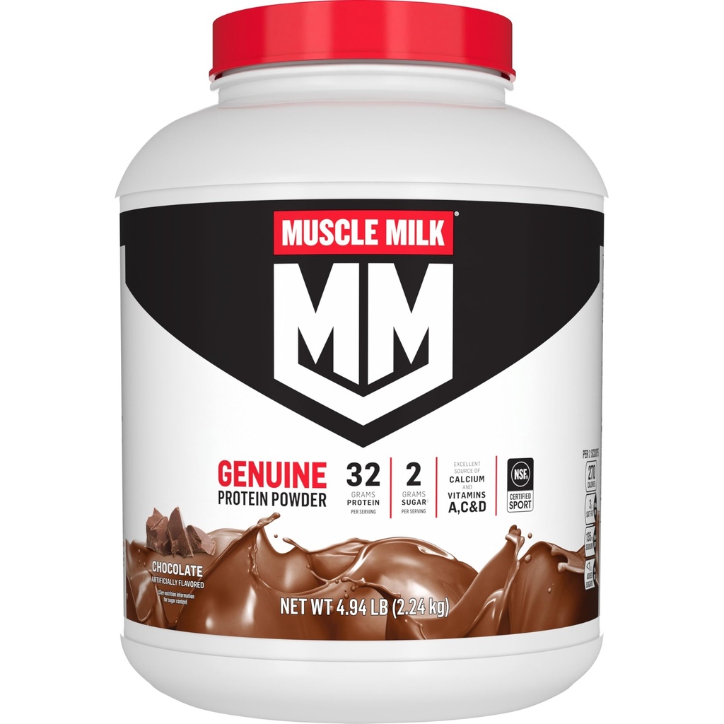 Muscle Milk Genuine Protein Powder, Chocolate, 4.94 Libra, 32 Servimientos, 32g Proteína, 2g Azúcar, Calcio, Vitaminas A, C & D, NSF certificada para Deporte, Energizante Snack, Embalaje Mayo Vary