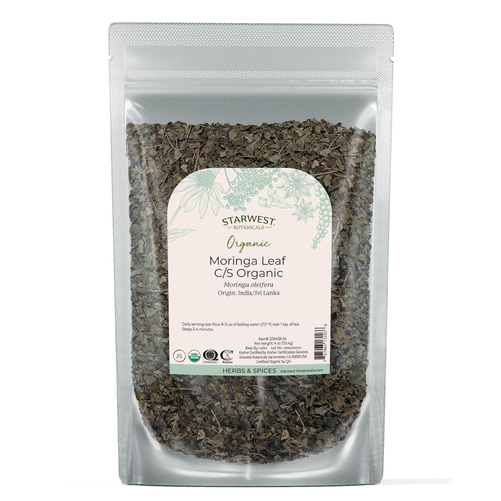 Starwest Botanicals Orgánica Moringa Leaf - Herb for Tea, Capsules, Juice, " Smoothies, Fuente Natural de Antioxidantes, Corte " , Certified Kosher, Non GMO - 4 oz Pouch