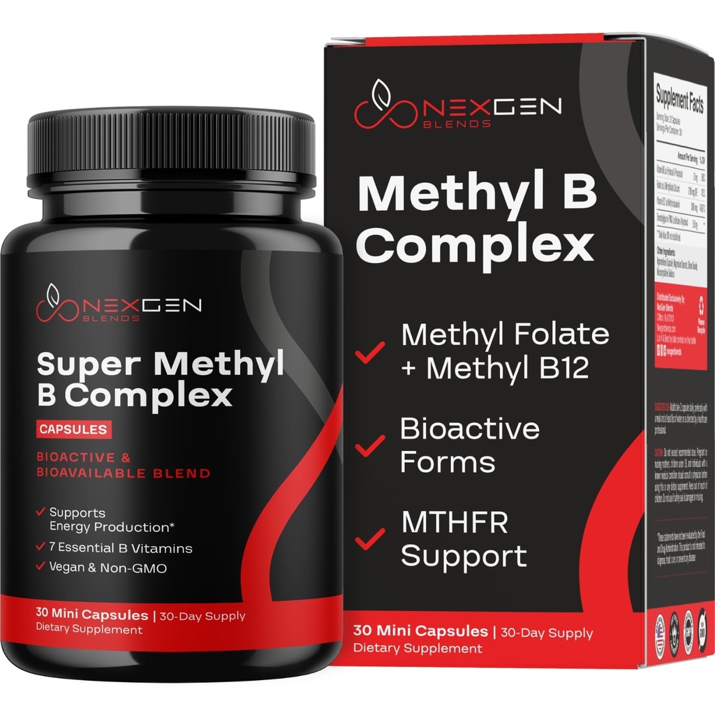 Complejo de vitamina B metilada Suplemento - Complejo de metil B bioactivo con folato de metil de 5 MTHF " Metilcobalamina B12 para energía del corazón cerebral " Homocisteína Apoyo - Complejo Super vitamina B (30 conteo)